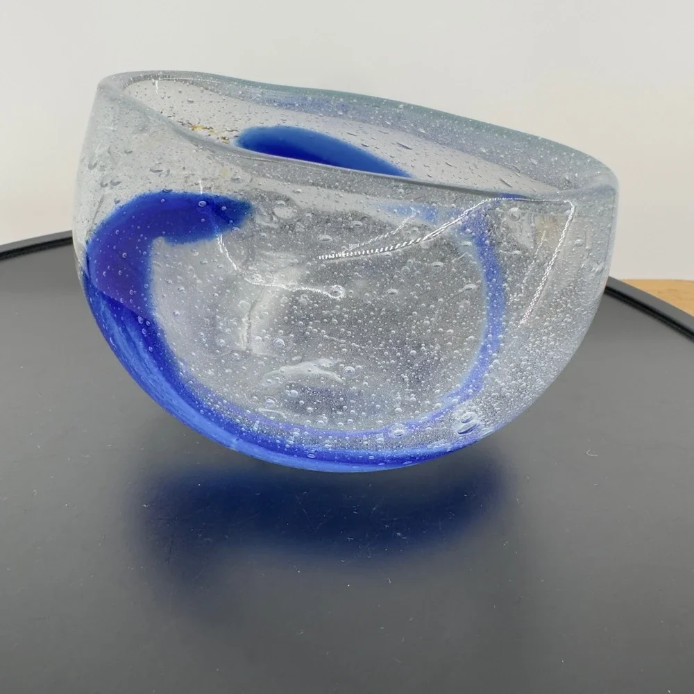 Murano Style Blown Art Glass Cobalt Blue Swirl Controlled Bubble Confetti Heavy